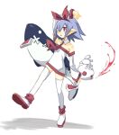  1girl arm_above_head bare_shoulders blue_hair blush bow bow_hairband breasts deal360acv detached_collar disgaea dress flat_chest full_body hair_between_eyes hairband holding holding_stuffed_toy medium_hair necktie open_mouth pleinair pointy_ears red_bow red_eyes red_necktie same-san short_dress smile solo standing stuffed_animal stuffed_shark stuffed_toy thigh-highs usagi-san white_dress white_thighhighs zettai_ryouiki 