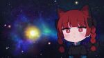  1girl aki_inu animal_ear_fluff animal_ears black_bow blush bow cat_ears closed_mouth confused dress frilled_dress frills green_dress hair_bow kaenbyou_rin meme puffy_short_sleeves puffy_sleeves red_eyes redhead short_sleeves solo space_cat_(meme) touhou 