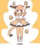  1girl animal_ears arms_up belt bow bowtie caracal_(kemono_friends) cat_ears cat_girl cat_tail coroha cream_puff elbow_gloves extra_ears food full_body gloves jumping kemono_friends kemono_friends_v_project long_hair looking_at_viewer mashle orange_background orange_hair parody shirt shoes simple_background skirt sleeveless sleeveless_shirt solo tail thigh-highs v virtual_youtuber 
