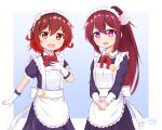  2girls alternate_costume alternate_hairstyle apron blue_background blue_dress bow bowtie brown_hair crescent crescent_pin dress enmaided frilled_apron frills gloves gradient_background gradient_hair highres kantai_collection kisaragi_(kancolle) long_hair long_sleeves maid maid_headdress multicolored_hair multiple_girls mutsuki_(kancolle) ponytail red_bow red_bowtie red_eyes red_ribbon redhead ribbon short_hair violet_eyes white_apron white_background white_gloves zanne 