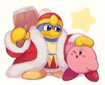  ;d arm_up blue_eyes blush blush_stickers chiimako closed_mouth coat commentary_request fur-trimmed_coat fur-trimmed_sleeves fur_trim hammer hand_on_another&#039;s_head hat headpat holding holding_hammer king_dedede kirby kirby_(series) long_sleeves looking_at_another no_humans one_eye_closed open_clothes open_coat open_mouth pom_pom_(clothes) red_coat red_hat simple_background smile standing star_(symbol) white_background 
