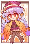  1girl :3 absurdres animal_ears belt bird_ears bird_legs bow braid chibi commission english_commentary harpy hat hat_bow heart highres long_hair looking_at_viewer monster_girl nn_(eogks) orange_bow orange_feathers orange_wings original purple_hair purple_hat red_eyes solo star-shaped_pupils star_(symbol) symbol-shaped_pupils talons twin_braids yellow_pupils 