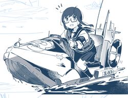  1girl :d anchor_symbol armband bespectacled blue_theme commentary_request flag fubuki_(kancolle) full_body glasses highres jet_ski kantai_collection kneehighs life_vest lifebuoy looking_at_viewer low_ponytail ma_rukan mast medium_hair monochrome on_vehicle open_mouth pleated_skirt sailor_collar school_uniform semi-rimless_eyewear serafuku sidelocks sitting sketch_background skirt smile socks solo swim_ring under-rim_eyewear water 