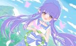  1girl absurdres blue_sky clouds day elf flower grass hair_ribbon highres kyouka_(princess_connect!) landscape lemonztea long_hair looking_at_viewer mountain nature open_mouth outdoors petals pointy_ears princess_connect! purple_hair ribbon scenery skirt sky solo spring_(season) twintails very_long_hair 