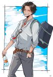  0731rakusei 1boy ^_^ bag belt black_hair blush bottle bracelet closed_eyes cowboy_shot grey_pants highres holding holding_bottle jewelry log_pose male_focus necklace one_piece orange_belt pants pearl_necklace pendant portgas_d._ace school_bag school_uniform shirt short_hair sky sleeves_rolled_up smile solo water_bottle white_shirt 