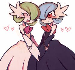  alternate_color black_dress black_gloves blue_hair bob_cut closed_eyes colored_skin dress elbow_gloves gardevoir gloves green_hair hair_over_one_eye heart holding_hands malan mega_gardevoir mega_pokemon mega_stone open_mouth orange_eyes pokemon pokemon_(creature) shiny_pokemon simple_background single_tear smile strapless strapless_dress white_dress white_gloves white_skin 