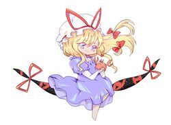  1girl animal bad_id bad_twitter_id bare_legs barefoot blonde_hair bow chibi closed_mouth commentary crab disembodied_eye dress elbow_gloves english_commentary eyelashes floating_hair frilled_dress frilled_hat frilled_sleeves frills gap_(touhou) gloves hair_bow hat hat_ribbon heart highres holding holding_animal long_dress long_hair looking_at_animal luo_qiangwei mob_cap puffy_short_sleeves puffy_sleeves purple_dress red_bow red_ribbon ribbon short_sleeves sidelocks simple_background sitting smile solo touhou very_long_hair violet_eyes wavy_hair white_background white_gloves white_hat yakumo_yukari 