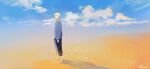  1boy artist_name barefoot black_pants brown_eyes closed_mouth clouds day from_side full_body hair_between_eyes highres illumi999 looking_ahead male_focus original outdoors pants sand shadow short_hair signature sky solo standing water white_hair 