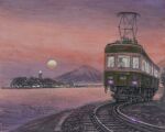  absurdres building city day enoshima_electric_railway highres mount_fuji mountain mountainous_horizon no_humans ocean original painting_(medium) pantograph railroad_tracks shore sun sunset tanamachi_yoshihiro traditional_media twilight water 