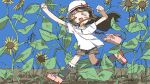  &gt;_&lt; 1girl absurdres bag black_socks blue_sky blush_stickers brown_hair brown_shorts closed_eyes day field flower full_body highres long_hair open_mouth outdoors pokemon red_footwear running shirt shoes short_sleeves shorts sky smile socks solo sunflower tsukumizu_yuu white_hat white_shirt 