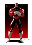  1boy absurdres artist_name bald boots character_name colored_skin commentary_request crossed_arms dragon_ball dragon_ball_super gloves godtail gradient_background highres jiren looking_at_viewer male_focus muscular muscular_male parted_lips pride_trooper_uniform rectangle shaded_face shadow spandex thick_neck two-tone_bodysuit v-shaped_eyes white_footwear white_gloves white_skin 