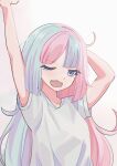  1girl blue_hair iono_(pokemon) light_blue_hair long_hair mizuiro123 multicolored_hair one_eye_closed open_mouth pink_hair pokemon pokemon_sv sharp_teeth shirt short_sleeves simple_background stretching teeth two-tone_hair violet_eyes white_background white_shirt yawning 