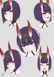  1girl bare_shoulders eyeliner fate/grand_order fate_(series) headpiece highres horns izanaware_game looking_at_viewer makeup multiple_views oni open_mouth purple_hair short_hair shuten_douji_(fate) skin-covered_horns smile violet_eyes 