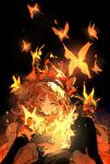  1girl black_background bug butterfly e.g.o_(project_moon) fiery_wings freckles glowing glowing_butterfly harpoon highres iccevzy ishmael_(project_moon) limbus_company orange_butterfly orange_eyes orange_hair project_moon solo wings 