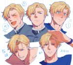  1boy :p blonde_hair blue_eyes blue_shirt blush closed_eyes closed_mouth collarbone crazy_kinoko cropped_shoulders facial_hair flustered grid_background hand_to_forehead highres lewis_smith looking_at_viewer male_focus multiple_views open_mouth shirt short_hair sideburns_stubble stubble tearing_up tongue tongue_out watch watch yuuki_bakuhatsu_bang_bravern 