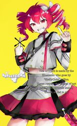  ahoge bow buttons censored double-breasted evil_grin evil_smile fanburu!_(synthesizer_v) grey_jacket grey_skirt grin hair_bow hair_ribbon hands_up highres jacket kasane_teto kasane_teto_(sv) middle_finger pointing pointing_up red_eyes red_trim redhead ribbon sharp_teeth shoulder_belt skellychan skirt smile synthesizer_v teeth twin_drills twintails upper_body utau white_bow white_ribbon yellow_background 