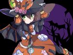  1girl aile_(mega_man_zx) black_background black_capelet blush boots brown_hair capelet dress green_eyes halloween highres koshianpancake mega_man_(series) mega_man_x_(series) mega_man_x_dive mega_man_zx official_alternate_costume orange_dress orange_footwear orange_hat short_hair solo tongue tongue_out wings 