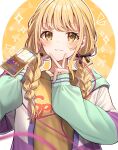  1girl :3 blonde_hair blurry blurry_foreground blush braid cellphone commentary_request depth_of_field earphones fujita_kotone gakuen_idolmaster hair_ribbon highres holding holding_phone huyunora idolmaster jacket light_smile long_hair looking_at_viewer multicolored_clothes multicolored_jacket phone ribbon shirt sleeves_past_wrists solo twin_braids upper_body v w w_over_mouth yellow_eyes yellow_shirt 