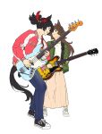  2girls alternate_costume animal_ears black_footwear black_hair brown_hair casual closed_mouth denim full_body guitar hair_ornament hairclip highres holding holding_guitar holding_instrument horse_ears horse_girl horse_tail instrument jacket jeans katsuragi_ace_(umamusume) long_sleeves looking_at_another mr._c.b._(umamusume) multiple_girls open_clothes open_jacket open_mouth pants red_jacket shirt shoes short_hair short_ponytail simple_background skirt smile sneakers standing tail takahashi_(user_ctpu5572) umamusume white_background white_footwear white_shirt yellow_skirt 