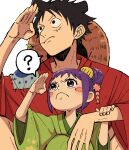  1boy 1girl ? black_hair blush_stickers child closed_mouth green_kimono hair_ornament hand_on_another&#039;s_arm hand_up hat highres japanese_clothes kimono kurozumi_tama long_hair m_(user_gjgn8588) monkey_d._luffy official_alternate_costume one_piece purple_hair red_kimono scar scar_on_cheek scar_on_face short_hair speech_bubble spoken_question_mark straw_hat unworn_hat unworn_headwear upper_body violet_eyes white_background wide_sleeves 