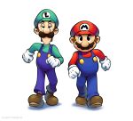  2boys blue_overalls boots brothers brown_footwear brown_hair clenched_hands facial_hair gloves green_hat green_shirt hat highres looking_at_viewer luigi mario mario_&amp;_luigi_rpg masanori_sato_(style) multiple_boys mustache official_style overalls red_hat red_shirt red_socks shirt short_hair siblings simple_background socks striped_clothes striped_socks super_mario_bros. two-tone_socks vinny_(dingitydingus) white_background white_gloves white_socks 