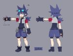  1boy animal_hands bandit_(disgaea) belt blue_hair disgaea full_body gloves goggles goggles_on_head grey_background harada_takehito makai_senki_disgaea_7 male_focus official_art open_mouth paw_gloves paw_shoes pointy_ears ponytail short_sleeves shorts smile 
