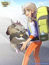  1boy :d arven_(pokemon) backpack bag blue_vest brown_hair commentary_request copyright_name eyelashes green_eyes hair_over_one_eye highres long_hair mabosstiff male_focus official_art open_mouth orange_pants pants pokemon pokemon_(creature) pokemon_masters_ex pokemon_sv shirt sleeves_past_elbows smile stairs standing teeth upper_teeth_only vest watermark yellow_bag 