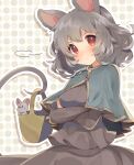  1girl animal_ears annoyed basket blue_capelet blush breasts brown_background buttons capelet closed_mouth commentary cowboy_shot crossed_arms furrowed_brow gold_trim grey_hair grey_shirt grey_skirt grey_sleeves highres light_frown long_sleeves looking_at_viewer medium_breasts medium_hair mouse_ears mouse_tail nazrin outline pleated_shirt pleated_skirt polka_dot polka_dot_background prehensile_tail red_eyes shirt sigh simple_background skirt skirt_set solo tail touhou usamata white_outline 