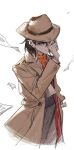  1boy absurdres black_hair black_pants bowler_hat brown_coat brown_hat buttons closed_mouth coat collared_coat collared_shirt commentary cropped_legs danganronpa_(series) english_commentary frown gisces hair_between_eyes hand_on_headwear hat high-waist_pants highres layered_sleeves long_sleeves looking_ahead male_focus medium_hair newspaper open_mouth orange_scarf pants pen_behind_ear polka_dot polka_dot_scarf scarf shirt simple_background solo super_danganronpa_another_2 trench_coat violet_eyes white_background white_shirt yomiuri_nikei 