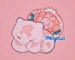  1other absurdres bulbasaur closed_eyes flower hand_on_own_face highres lying meyoco no_humans peony_(flower) pink_background pink_flower pink_scales pink_theme pokemon pokemon_(creature) signature 