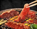  black_background chopsticks cooking food food_focus grilling no_humans steam th6313 yakiniku 