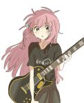  1girl blue_eyes bocchi_the_rock! cowboy_shot crying crying_with_eyes_open cube_hair_ornament electric_guitar gibson_les_paul gotoh_hitori guitar hair_ornament holding holding_instrument instrument kessoku_band_logo kessoku_band_t-shirt long_hair messy_hair neginegi parted_lips pink_hair side_ahoge solo tears white_background wind 