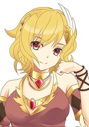  1girl blonde_hair brown_dress citrinne_(fire_emblem) closed_mouth corrupted_twitter_file dress earrings feather_hair_ornament feathers fire_emblem fire_emblem_engage gold_choker gold_trim hair_ornament highres hoop_earrings jewelry leather_wrist_straps looking_at_viewer red_eyes smile solo sylphy_fe upper_body white_background wing_hair_ornament 