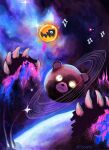  bear brown_fur claws closed_mouth glowing glowing_eyes golden_egg highres mr._grizz_(splatoon) planet planetary_ring snout space sparkle splatoon_(series) splatoon_3 star_(sky) tionalmo yellow_eyes 