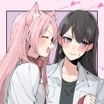  2girls animal_ear_fluff animal_ears bang_dream! bang_dream!_it&#039;s_mygo!!!!! black_hair black_shirt blush border cat_ears cat_girl cat_tail chihaya_anon closed_eyes closed_mouth collar collarbone commentary_request earrings fang hair_behind_ear heart highres jacket jewelry kemonomimi_mode long_hair mole mole_under_eye multiple_girls nanami_(nunnun_0410) open_clothes open_jacket open_mouth outside_border pink_border pink_hair shiina_taki shirt single_earring sweatdrop tail upper_body violet_eyes wavy_mouth white_shirt yuri 