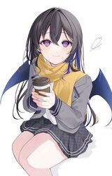  1girl black_hair black_skirt blue_hair closed_mouth coffee_cup commentary cup disposable_cup grey_jacket hair_between_eyes highres holding holding_cup ichinose_uruha jacket long_hair long_sleeves looking_at_viewer lupinus_virtual_games multicolored_hair open_clothes open_jacket pleated_skirt qf_ivi scarf shirt simple_background sitting skirt smile solo streaked_hair symbol-only_commentary violet_eyes virtual_youtuber vspo! white_background white_shirt wings yellow_scarf 