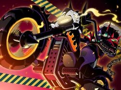  1boy chain cosplay eraseman.exe eraseman.exe_(cosplay) extra_ears fire gradient_background green_eyes horns long_hair male_focus mega_man_(series) mega_man_battle_network_(series) megaman.exe motor_vehicle motorcycle napo red_background riding solo wheelie white_hair 