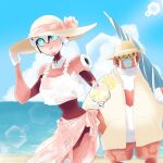  1boy 1girl arcee beach blue_eyes breasts curvy hat holding holding_clothes holding_hat humanoid_robot lemonade medium_breasts mijinkotail029 no_humans pink_lips ratchet_(transformers) resized robot robot_girl sunglasses sunlight transformers transformers_animated upscaled 