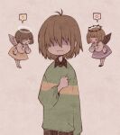  1other ahoge angel black_footwear black_pants black_wings blunt_bangs blunt_sidelocks brown_hair closed_eyes closed_mouth collared_sweater commentary deltarune dress eleanor_(ohmyeleanor) frown green_sweater kris_(deltarune) messy_hair other_focus own_hands_together pants purple_dress red_eyes shaded_face short_hair shoulder_angel sidelocks simple_background smile smiley_face solo spoken_smile spoken_sparkle sweater white_background white_footwear white_wings wings yellow_dress 