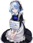  1girl :t absurdres alternate_costume apron ascot black_dress blue_ascot blue_eyes blue_hair brooch commentary_request dress enmaided frilled_apron frills furina_(genshin_impact) genshin_impact hair_between_eyes hair_intakes highres jewelry juliet_sleeves long_sleeves looking_at_viewer maid maid_headdress own_hands_together petticoat puffy_sleeves short_hair solo translated wafuu_tsunamayo white_apron 