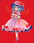  1girl ascot bat_wings blue_hair dress full_body hat hat_ribbon hiyuu_(hiyualice) mob_cap own_hands_together pink_dress pink_hat red_ascot red_background red_eyes remilia_scarlet ribbon short_hair solo teeth touhou upper_teeth_only white_background wings 