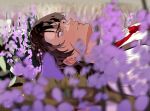  1boy brown_eyes brown_hair collared_shirt crying flower heathcliff_(project_moon) highres limbus_company necktie parted_lips project_moon purple_flower red_necktie shirt solo suspenders upper_body white_shirt yongsadragon 
