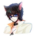  1boy animal_ear_fluff animal_ears belt_collar black-framed_eyewear black_collar black_hair blade_&amp;_soul blue_eyes cat_ears closed_mouth collar commentary_request expressionless glasses jewelry lanmei_jiang looking_at_viewer lyn_(blade_&amp;_soul) male_focus medium_bangs necklace open_clothes open_shirt shirt short_hair solo upper_body variant_set wavy_hair white_shirt 