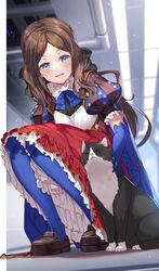  1girl black_bow blue_eyes blue_gloves blue_pantyhose blush bow breasts brown_dress brown_hair cat dress elbow_gloves fate/grand_order fate_(series) forehead gloves hair_bow highres leonardo_da_vinci_(fate) leonardo_da_vinci_(rider)_(fate) leonardo_da_vinci_(rider)_(first_ascension)_(fate) long_hair open_mouth pantyhose parted_bangs ponytail puff_and_slash_sleeves puffy_short_sleeves puffy_sleeves red_skirt renka_(renkas) short_sleeves skirt small_breasts smile solo squatting 