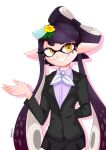  1girl absurdres arm_behind_back arm_up black_hair black_suit bow bow-shaped_hair bowtie callie_(splatoon) collared_shirt eyelashes flower gradient_hair hair_flower hair_ornament highres inkling kyocallscats long_hair mole mole_under_eye multicolored_hair official_alternate_costume pointy_ears purple_hair purple_shirt shirt short_eyebrows simple_background smile solo splatoon_(series) splatoon_3 standing star-shaped_pupils star_(symbol) suit symbol-shaped_pupils teeth tentacle_hair thick_eyebrows two-tone_hair very_long_hair white_background white_bow white_bowtie yellow_flower 