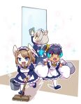  3girls :d alternate_costume animal_ear_fluff animal_ears apron bag blue_dress blue_eyes blue_hair broom brown_eyes brown_hair bucket cat_ears cat_girl cleaning clearb01 commentary_request deformed dress enmaided eunie_(xenoblade) fiery_hair frilled_dress frills grey_hair head_wings holding holding_bag holding_broom indoors maid maid_apron maid_headdress medium_hair mio_(xenoblade) multiple_girls running sena_(xenoblade) side_ponytail smile sparkle standing white_apron wings xenoblade_chronicles_(series) xenoblade_chronicles_3 yellow_eyes 