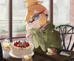  1girl blue_eyes brown-framed_eyewear cake cellphone commentary_request cup food fork glass glasses green_jacket highres holding holding_fork indoors inkling inkling_girl inkling_player_character jacket looking_at_viewer medium_hair on_chair orange_hair phone pointy_ears polero_light smile solo splatoon_(series) table teeth tentacle_hair topknot window 