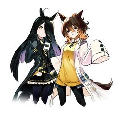  2girls agnes_tachyon_(umamusume) ahoge animal_ears black_hair brown_hair closed_mouth commentary_request cup earrings gloves hair_between_eyes hair_over_one_eye highres holding holding_cup horse_ears horse_girl horse_tail jacket jewelry korean_commentary lab_coat long_bangs long_hair long_sleeves looking_at_viewer madoka_m_agica manhattan_cafe_(umamusume) mug multicolored_hair multiple_girls necktie pantyhose red_eyes shirt short_hair short_necktie simple_background single_earring skirt sleeves_past_fingers sleeves_past_wrists smile sweater sweater_vest tail test_tube umamusume white_background white_hair yellow_eyes yellow_sweater yellow_sweater_vest 