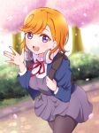  1girl absurdres backpack bag black_bag blue_jacket brown_pantyhose cherry_blossoms commentary_request dress grey_dress headphones headphones_around_neck highres jacket long_sleeves looking_at_viewer love_live! love_live!_superstar!! neck_ribbon open_clothes open_jacket orange_hair outdoors pantyhose red_ribbon ribbon ritaso school_uniform shibuya_kanon shirt solo upper_body violet_eyes walking white_shirt winter_uniform yuigaoka_school_uniform 