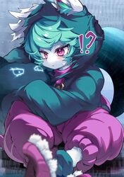  !? 1girl animal_ear_fluff blue_hair blue_hoodie blush closed_mouth highres hood hoodie league_of_legends pants pink_pants sitting solo sweatdrop umagenzin vex_(league_of_legends) vex_shadow_(league_of_legends) violet_eyes yordle 